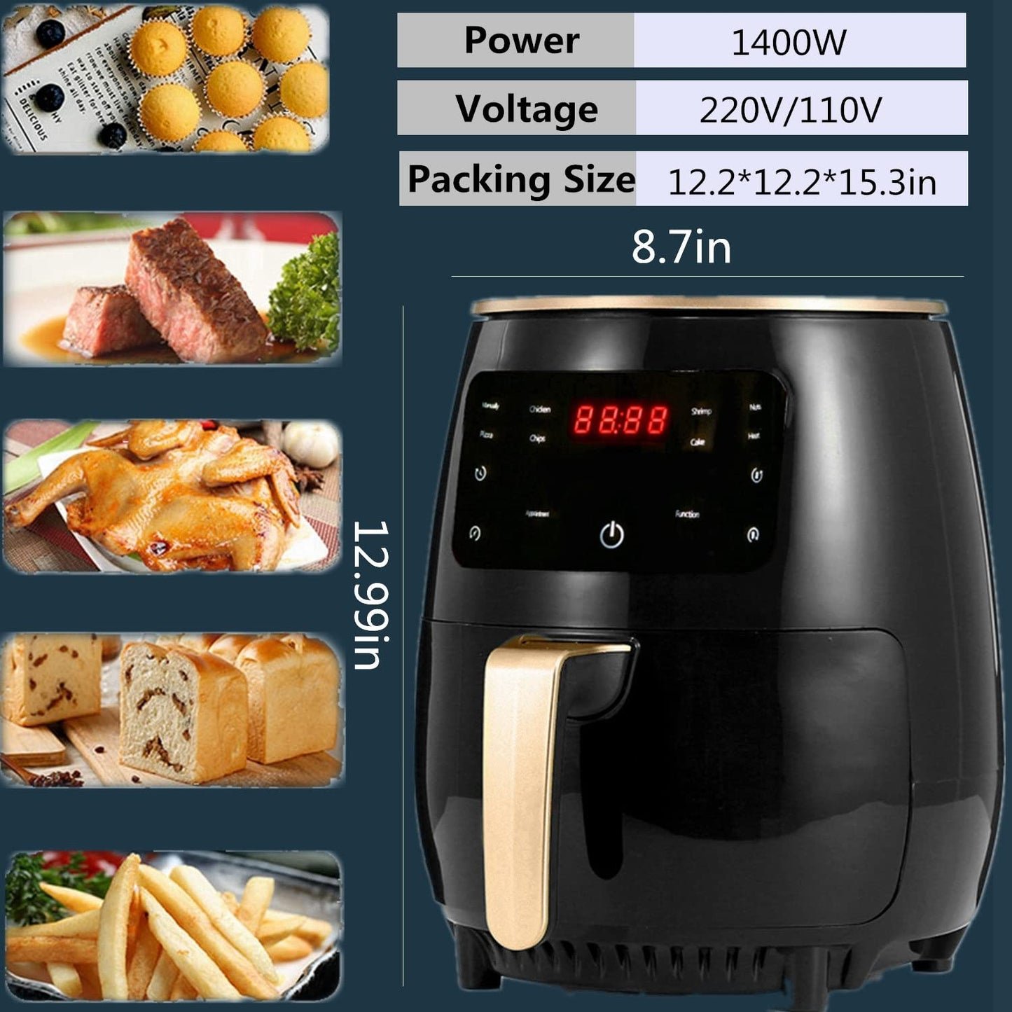 AJIEYMXD Heißluftfritteuse, 220 V, Multifunktions-Smart-Touch-LCD-Airfryer, Pommes-Frites-Pizza-Friteuse, Gedenktag